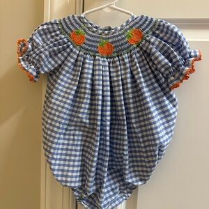 Blue Gingham Pumpkin Smocked Baby Bubble 9m VGUC